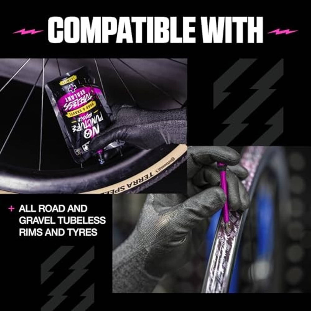 Gloved hands applying tubeless sealant to a road/gravel rim with kit components