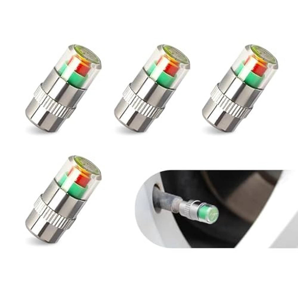 Set of chrome tire valve caps with green and red colored inserts