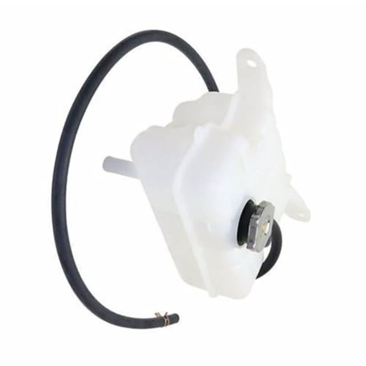 White coolant overflow reservoir tank with mounting plate and black hose