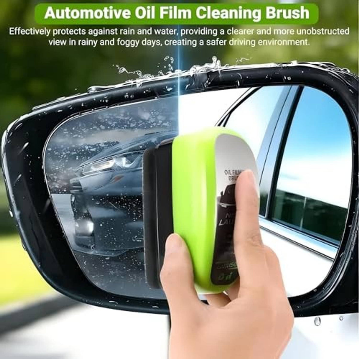 Green automotive glass cleaning brush and refill bottle on a car window