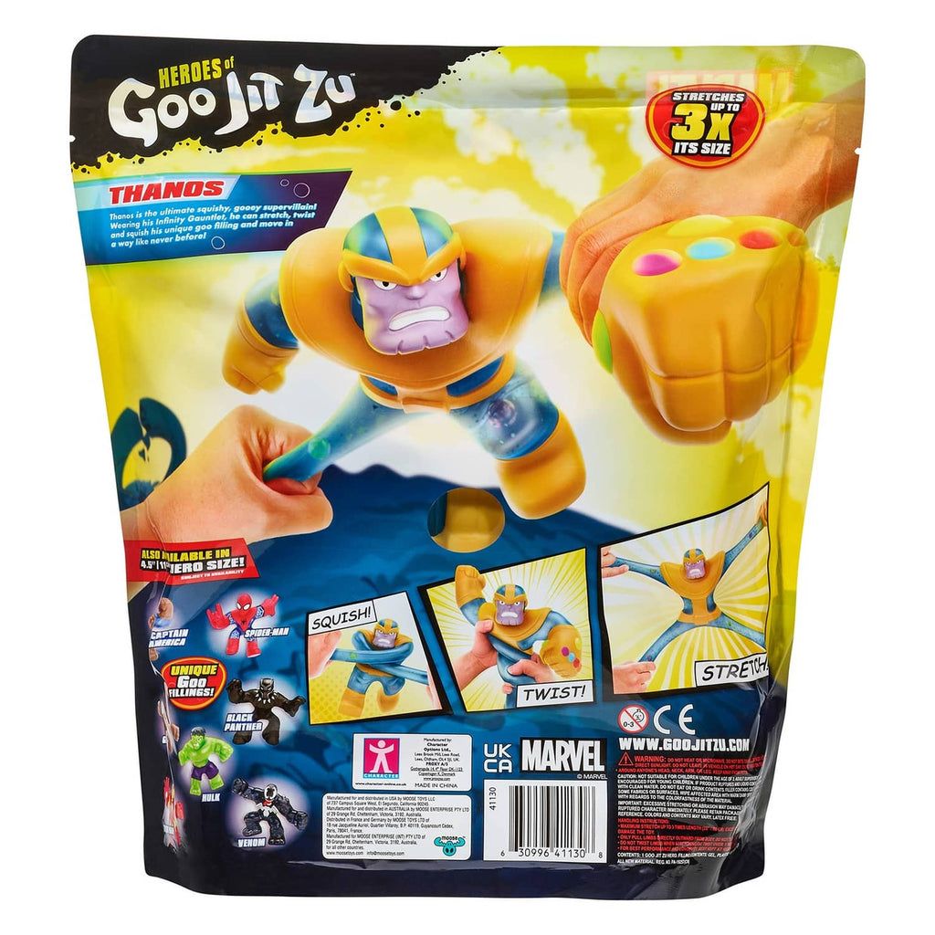 Thanos stretchy action figure package with character front view and included play panels