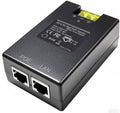 Gigabit PoE+ DC injector, black metal box with two RJ45 ports and status labels