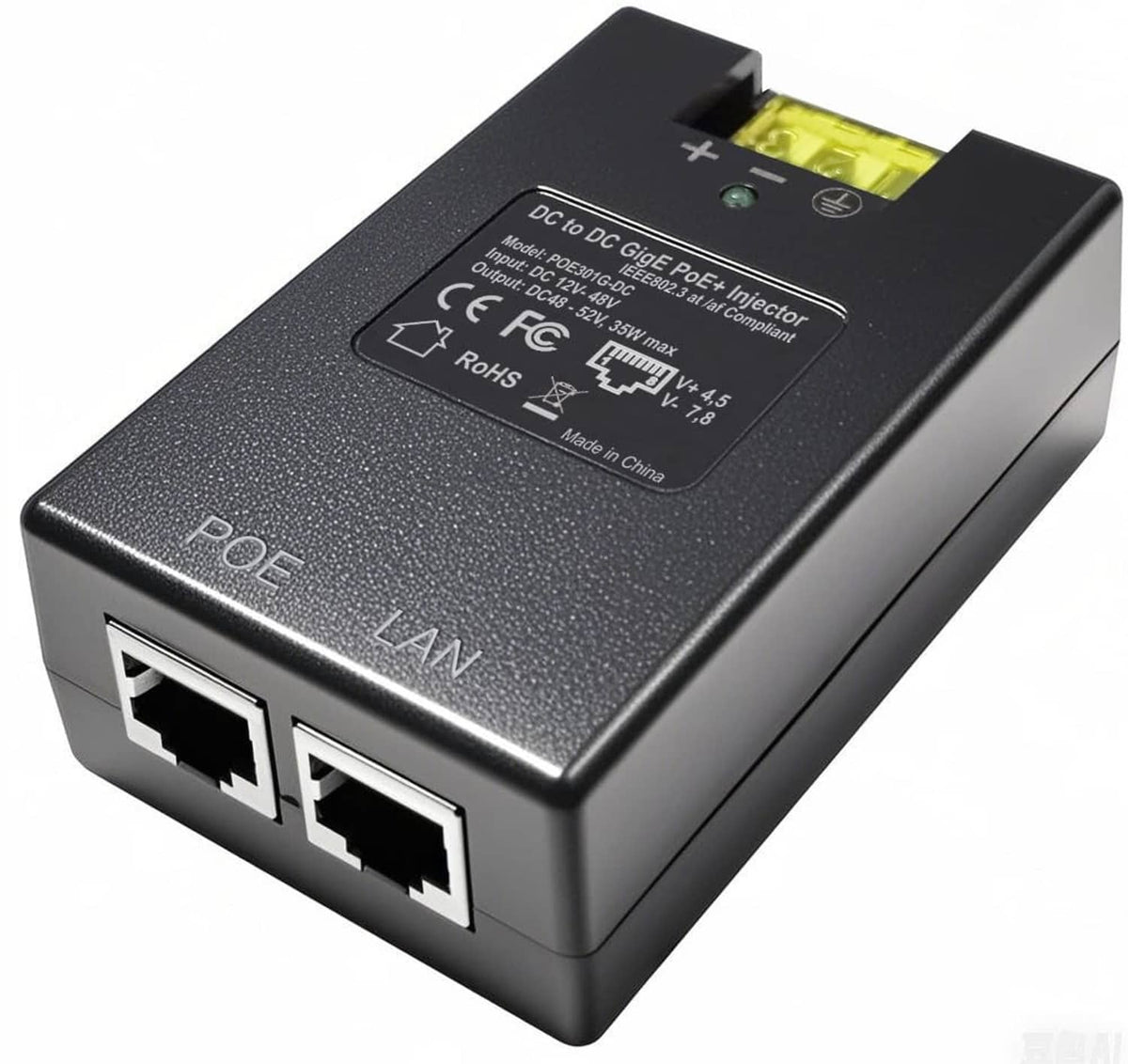 Gigabit PoE+ DC injector, black metal box with two RJ45 ports and status labels
