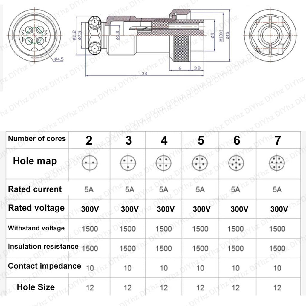 6-pin connector technical diagram with dimensions and hole pin layout chart
