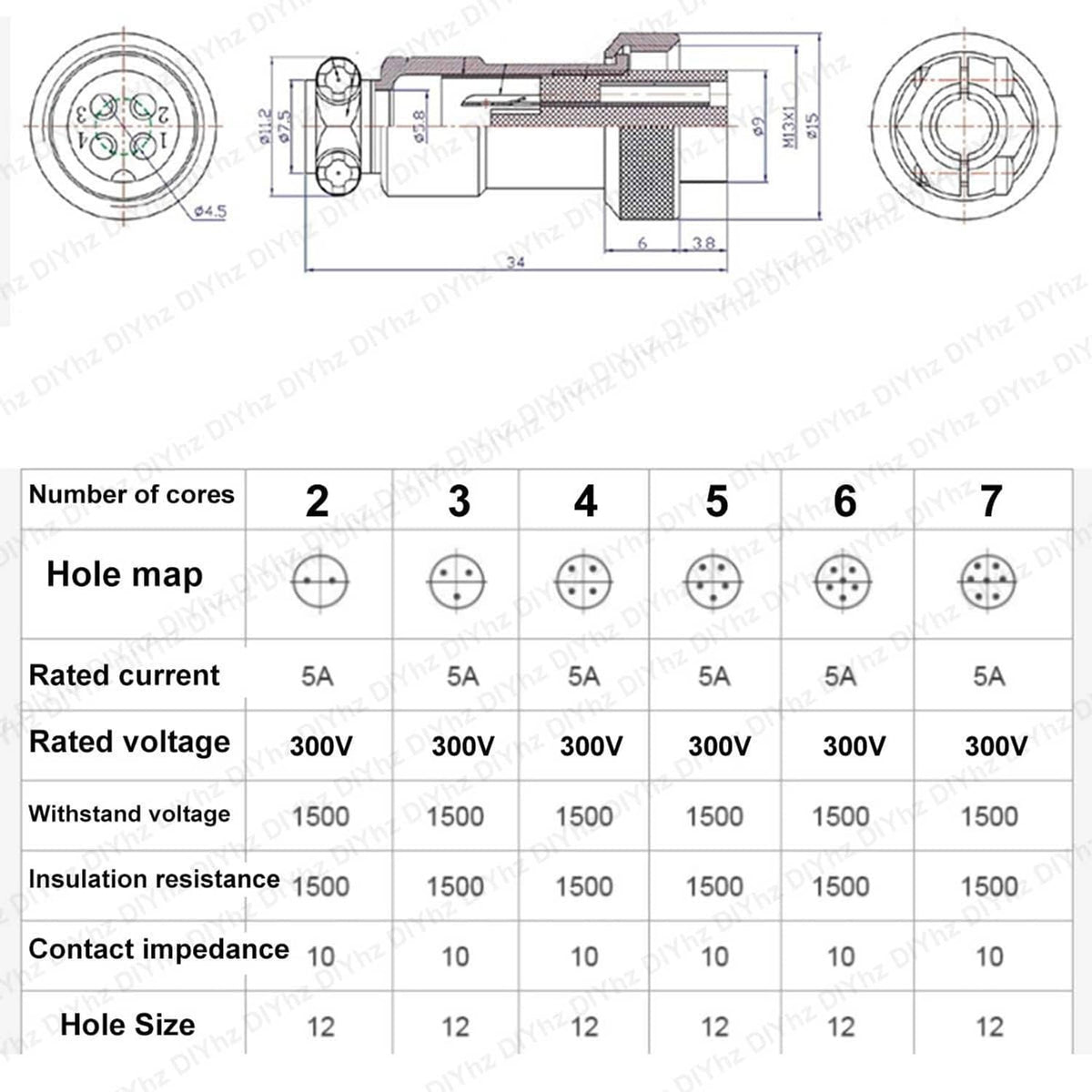 6-pin connector technical diagram with dimensions and hole pin layout chart