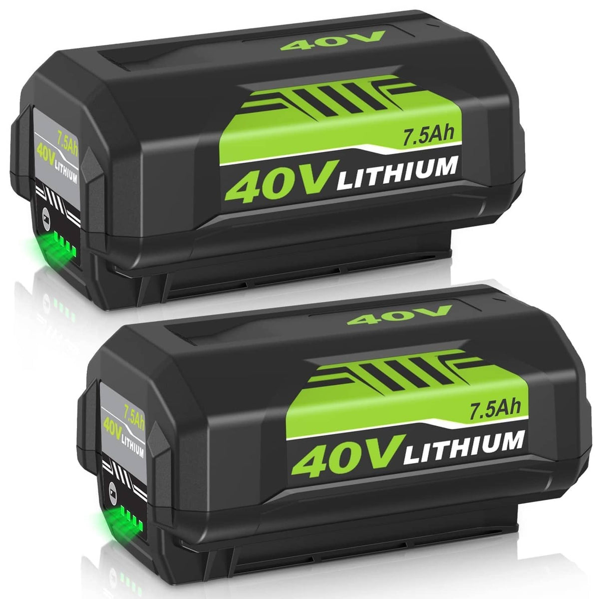 Two black 40V lithium battery packs with green 7.5Ah labels