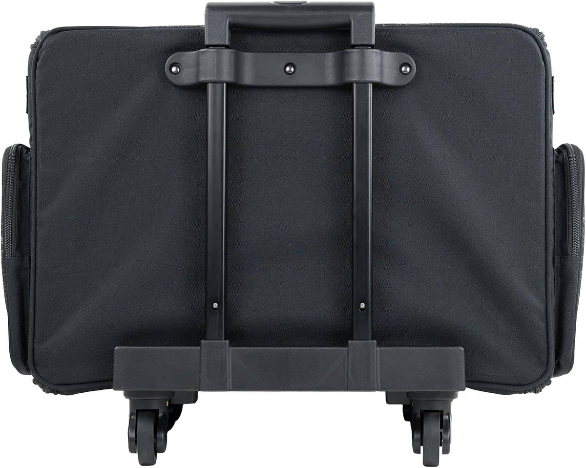 Black rolling sewing machine storage case back view with handle bar and four wheels