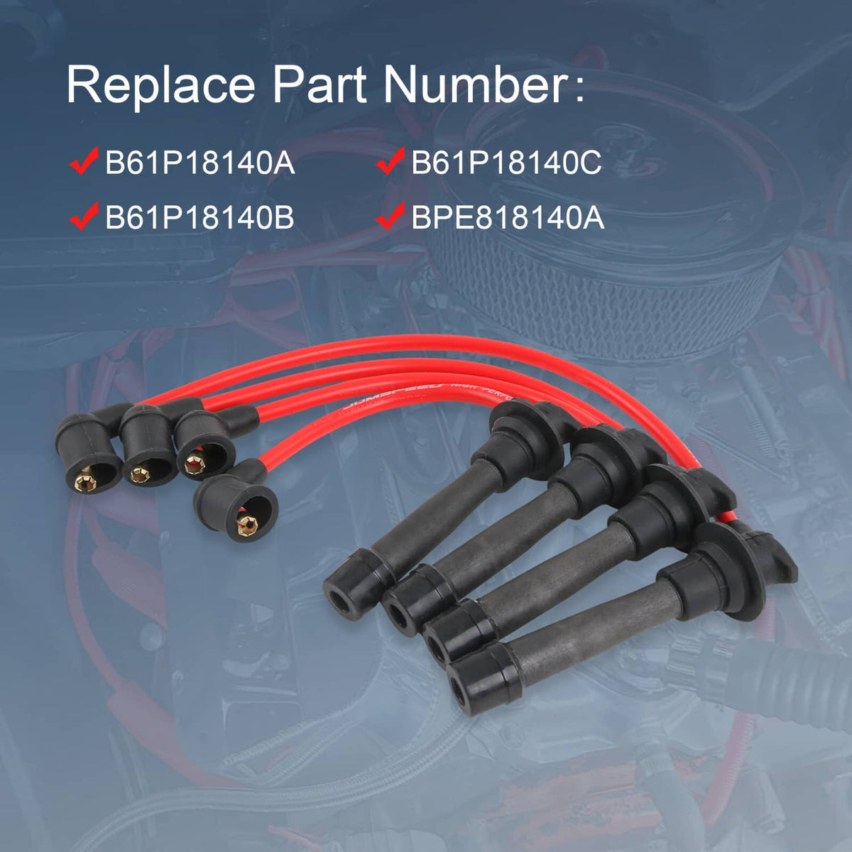Spark plug wire set with red leads and black boots, replace part numbers shown