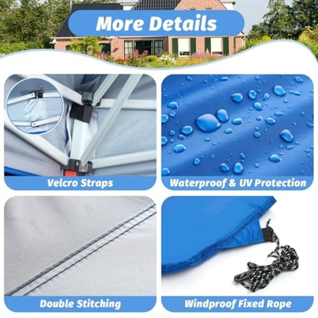 Blue waterproof canopy replacement top with Velcro straps and fixed rope