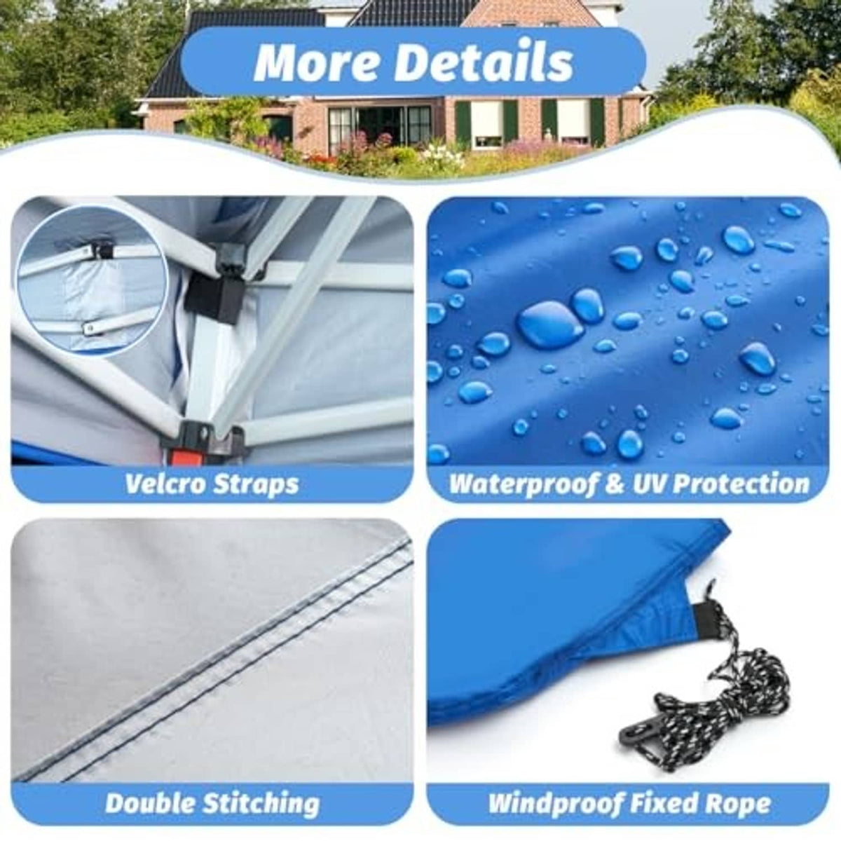 Blue waterproof canopy replacement top with Velcro straps and fixed rope