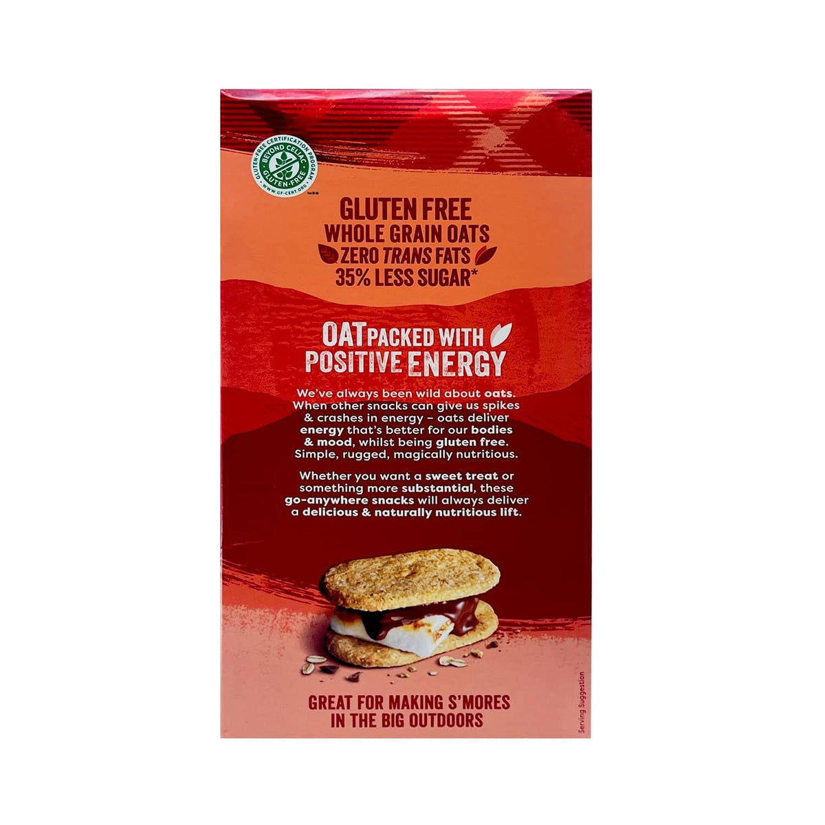 Nairn's gluten-free oat grahams original product back panel with s'mores text and biscuits