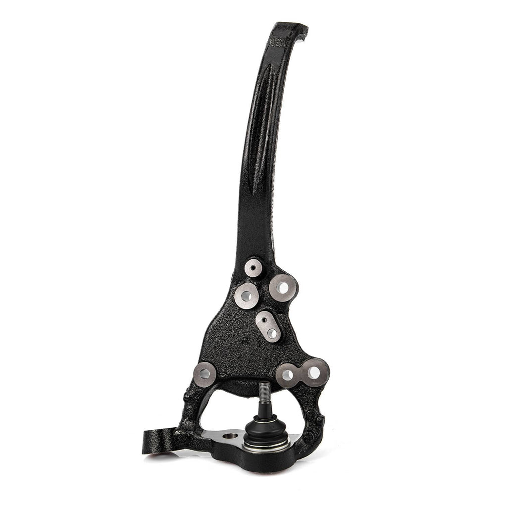 Right front steering knuckle with tall black arm, mounting holes, and pivot stud