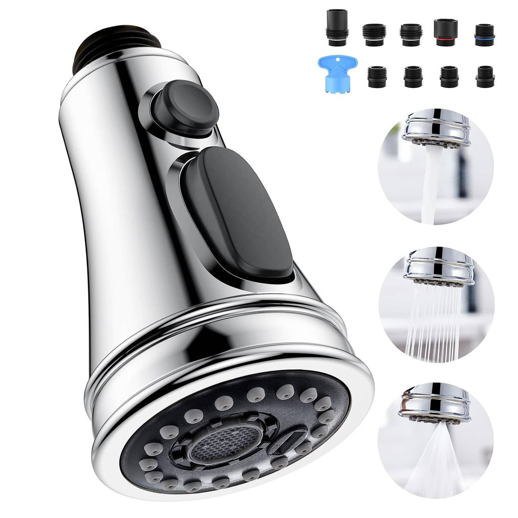 Chrome kitchen faucet spray head replacement with black control buttons and nozzle