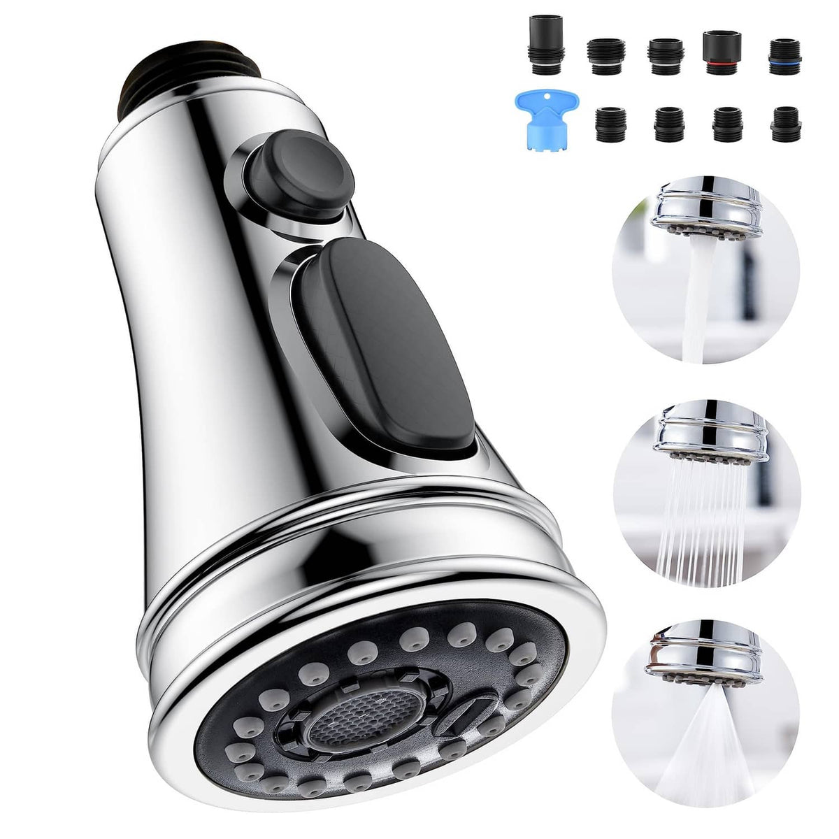 Chrome kitchen faucet spray head replacement with black control buttons and nozzle