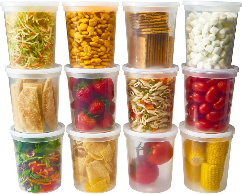 Set of clear deli food storage containers with white lids, filled with assorted snacks and produce