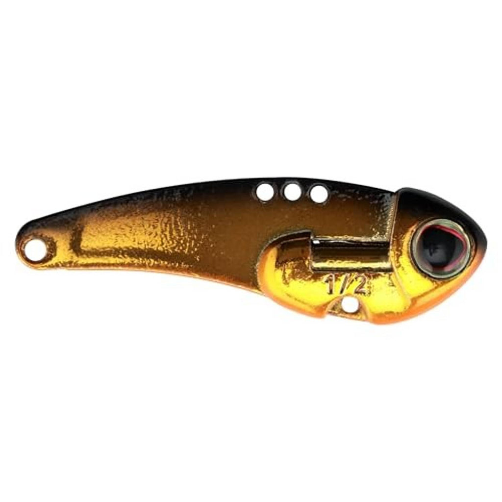 Dark gold sinking blade bait lure with black/red eye, top holes, and two treble hooks