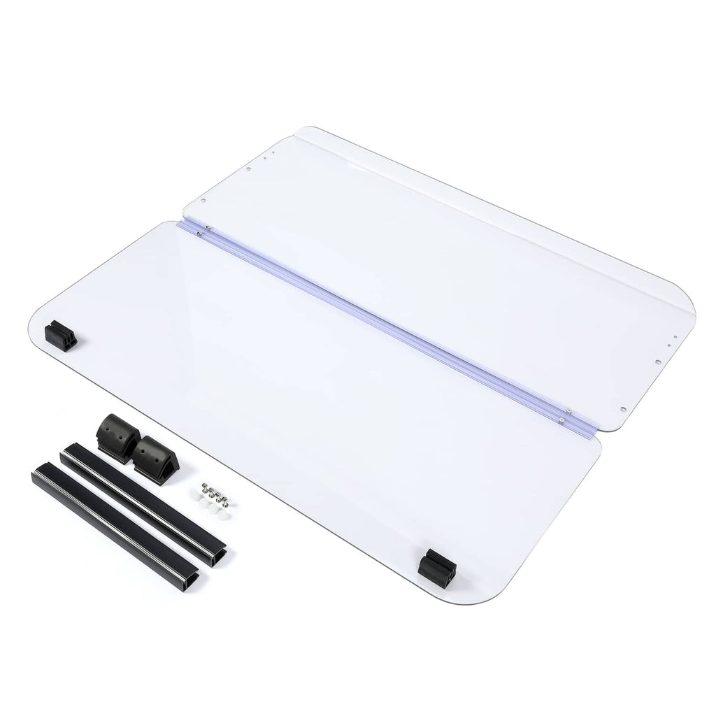 Clear folding golf cart windshield panel with black mounting parts and screw set
