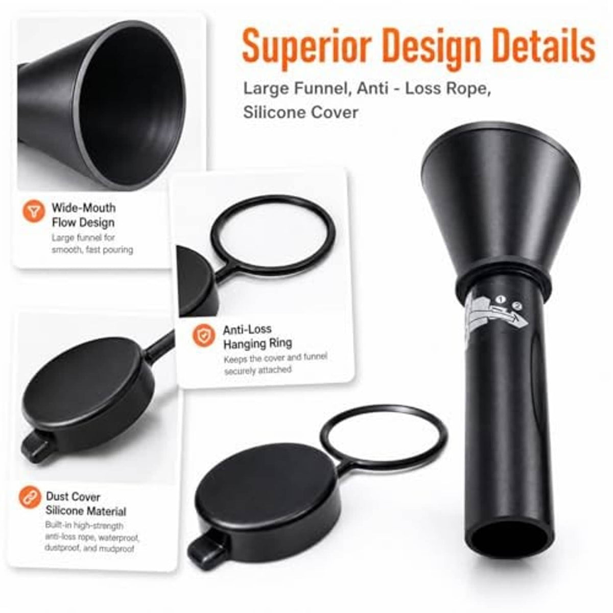 Black capless fuel funnel set with wide-mouth design and tethered dust cover