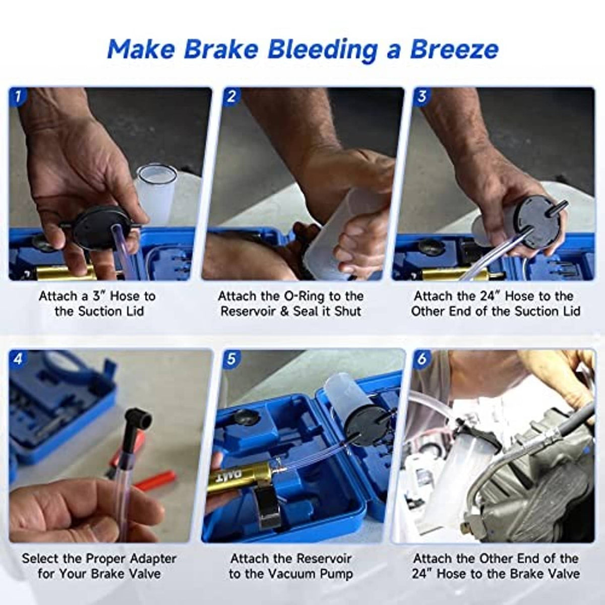 Brake bleeder kit hose, suction lid, and reservoir attachment parts for one setup