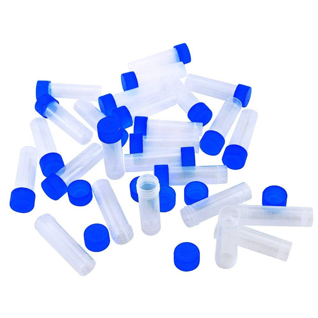 Assortment of small 5 ml plastic test vials with blue screw caps