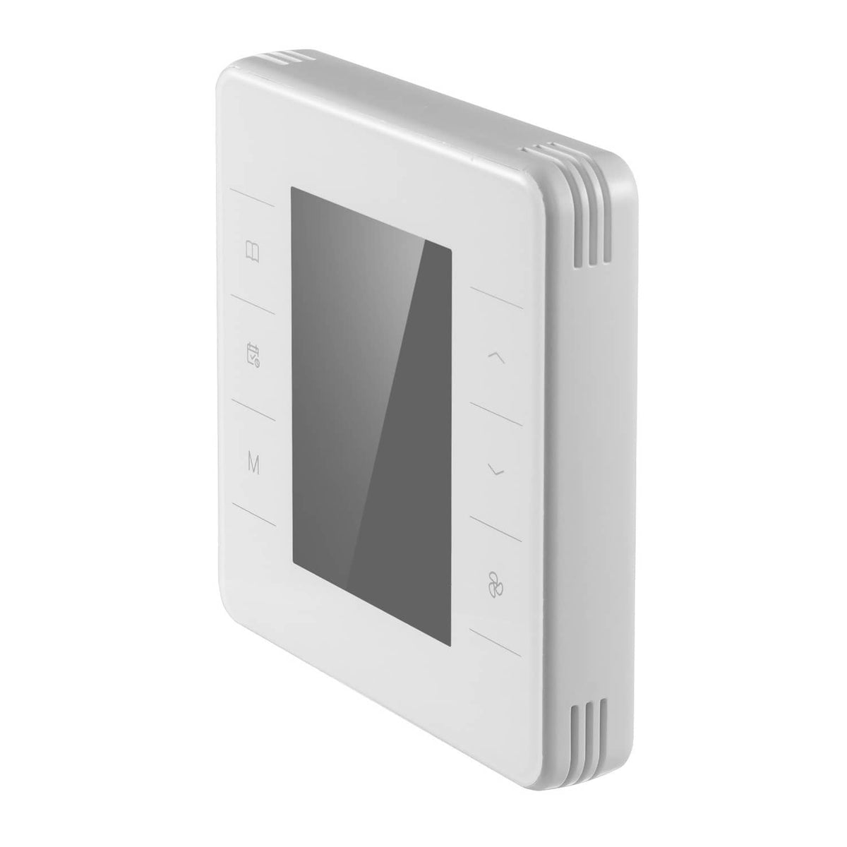 White programmable thermostat side view with control buttons and vent slots