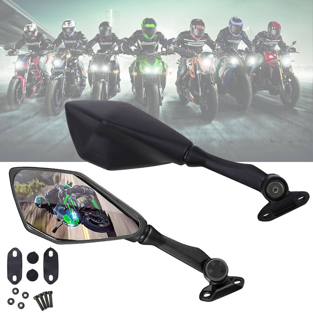 Pair of black motorcycle rear-view mirrors with mounting hardware and screws