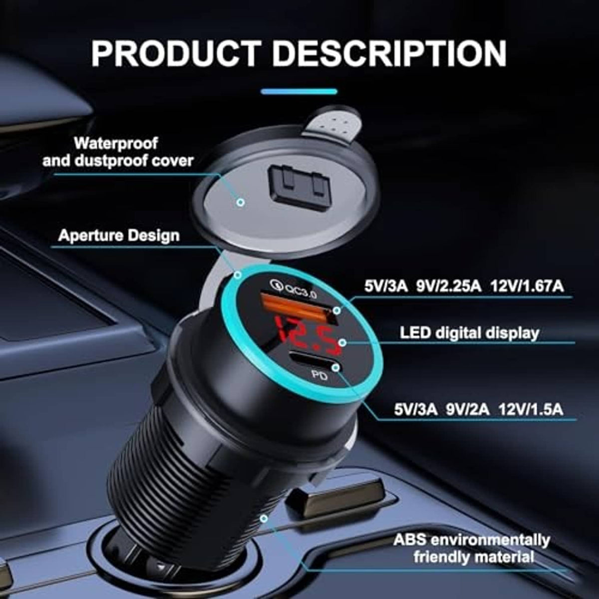 Black waterproof USB-C car charger with blue LED voltmeter display and ABS housing