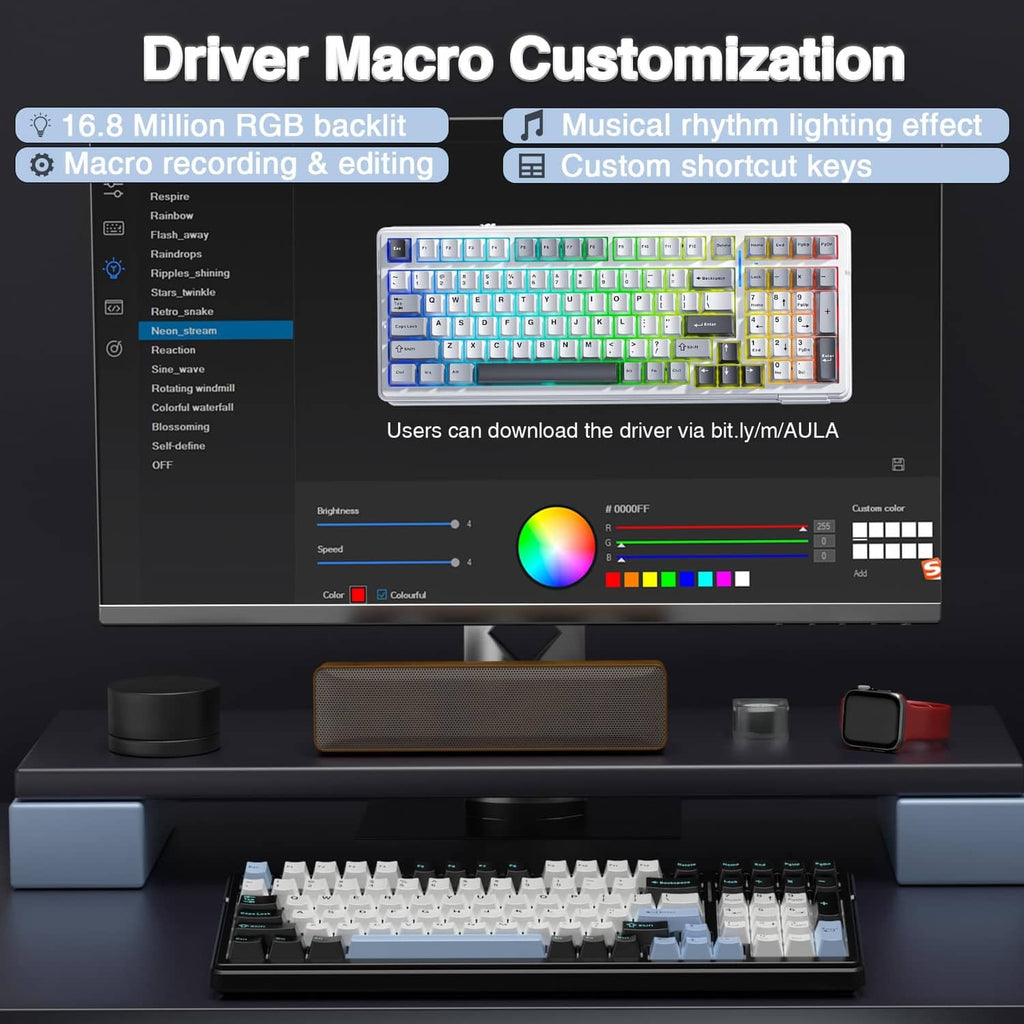 AULA F99 keyboard on desk with white keycaps and light blue accents under RGB lighting