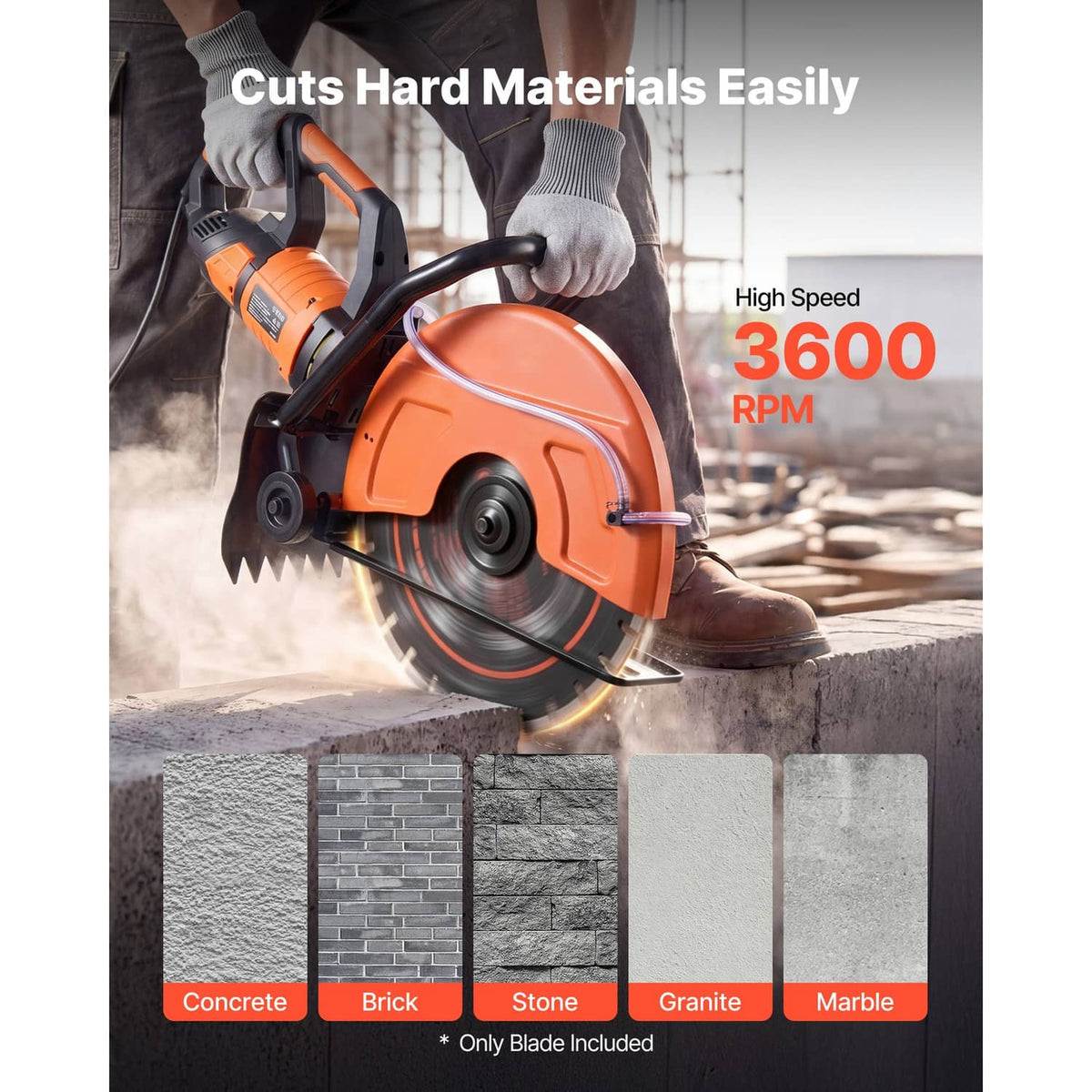 Diamond blade cutting masonry with a power saw, dust plume and blocks visible