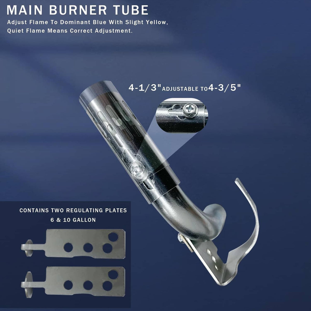 RV water heater main burner tube with adjustable mounting bracket