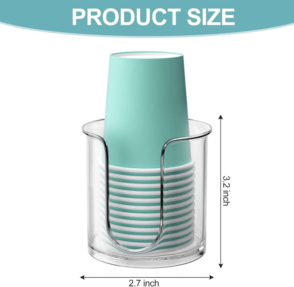 Small cup dispenser with mint funnel top and clear circular base for paper cups