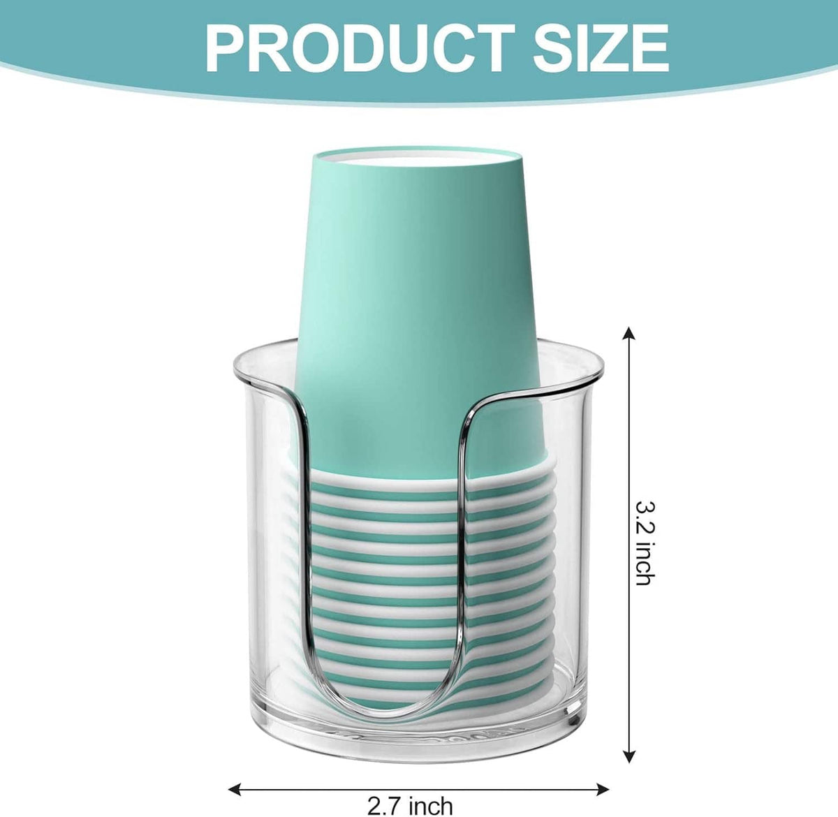 Small cup dispenser with mint funnel top and clear circular base for paper cups