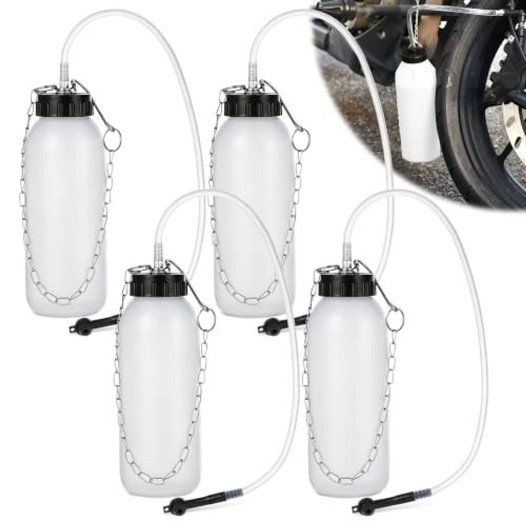 Brake fluid bleeder bottle set with white bottles, metal caps, chains, and clear suction hoses