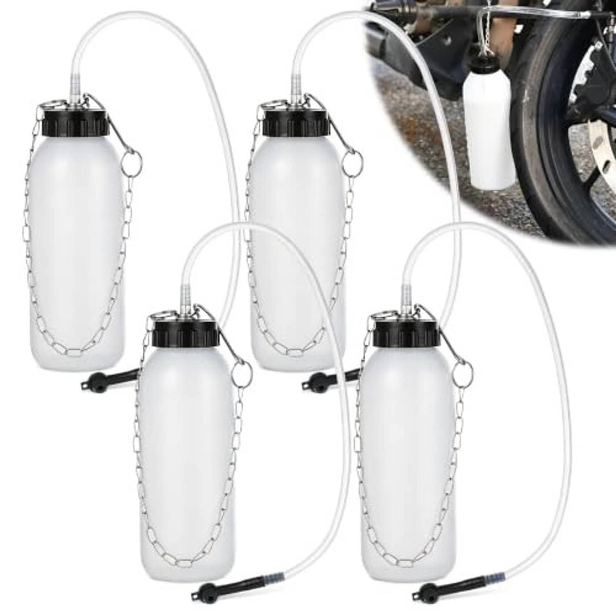 Brake fluid bleeder bottle set with white bottles, metal caps, chains, and clear suction hoses