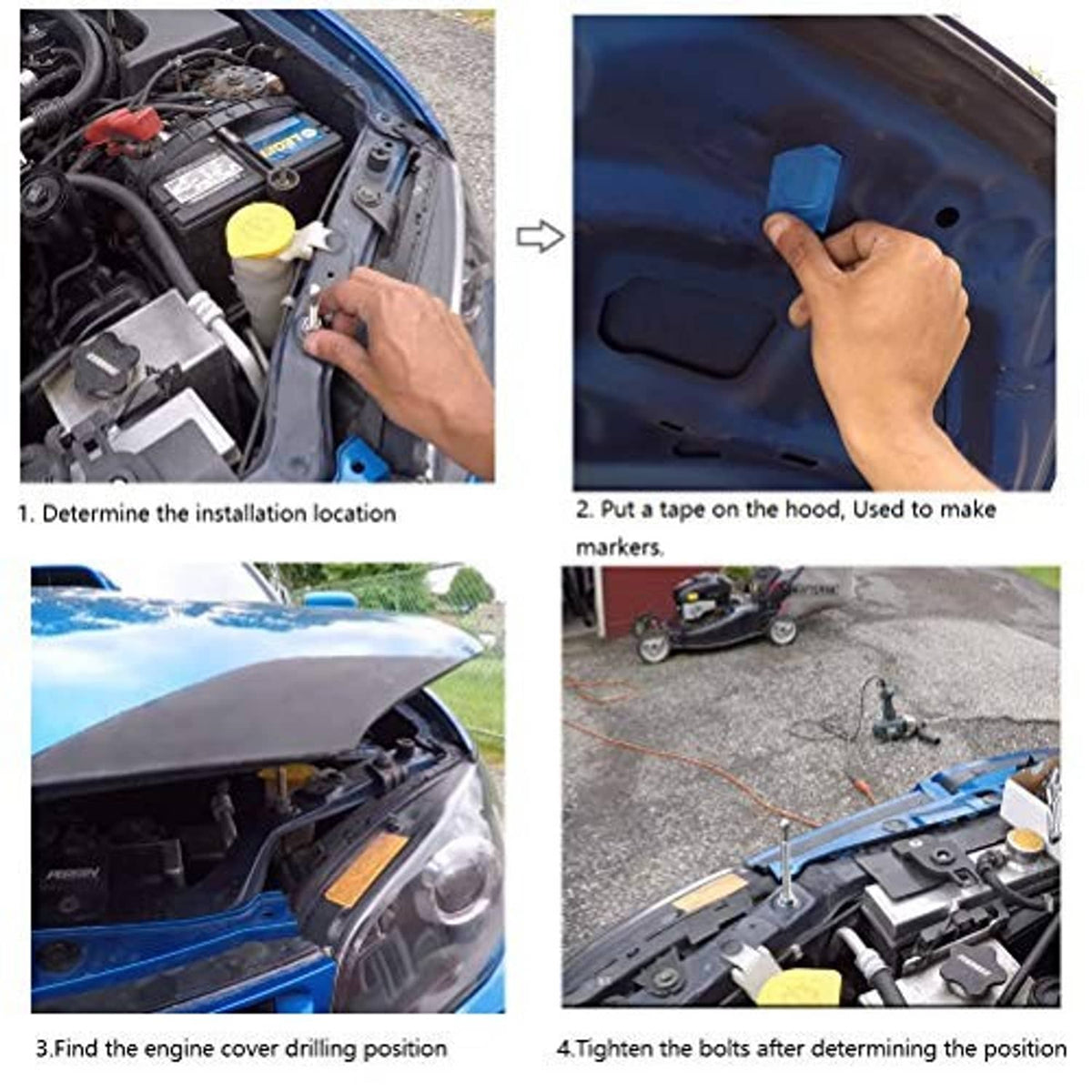 Hood latch pins install steps on an engine bay area with hands and tools