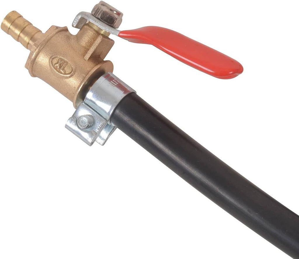 Fuel shutoff valve with brass body and red handle on black hose