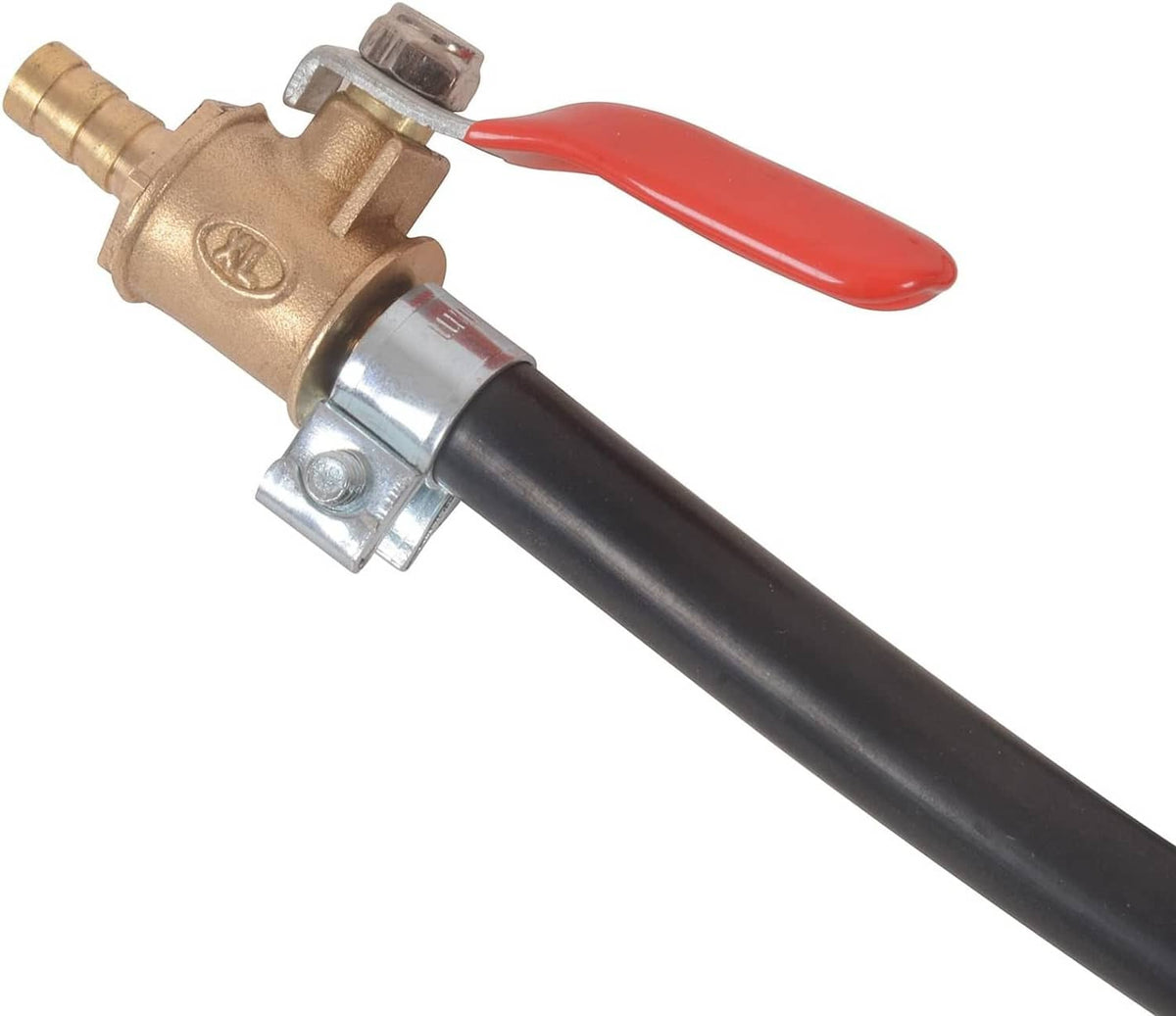 Fuel shutoff valve with brass body and red handle on black hose