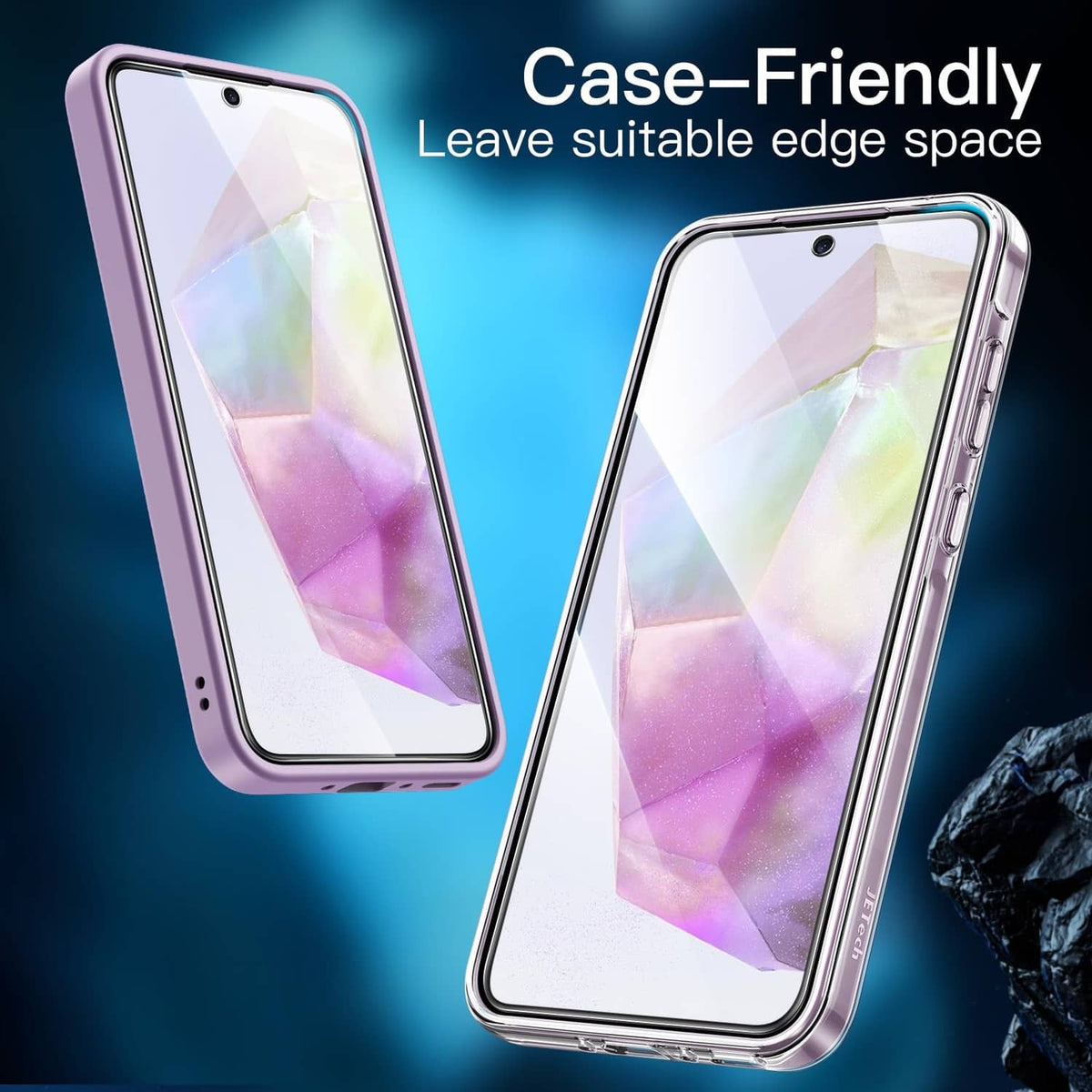 Case-friendly tempered glass screen protector leaving space for phone cases