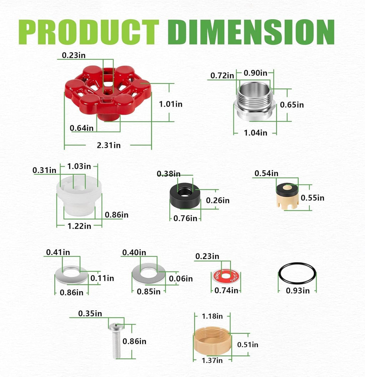 Outdoor faucet repair kit with red valve caps, gray parts, black O-rings, and fittings