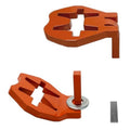 Orange T-post gate hinge pin bracket with metal pin, for attaching a gate