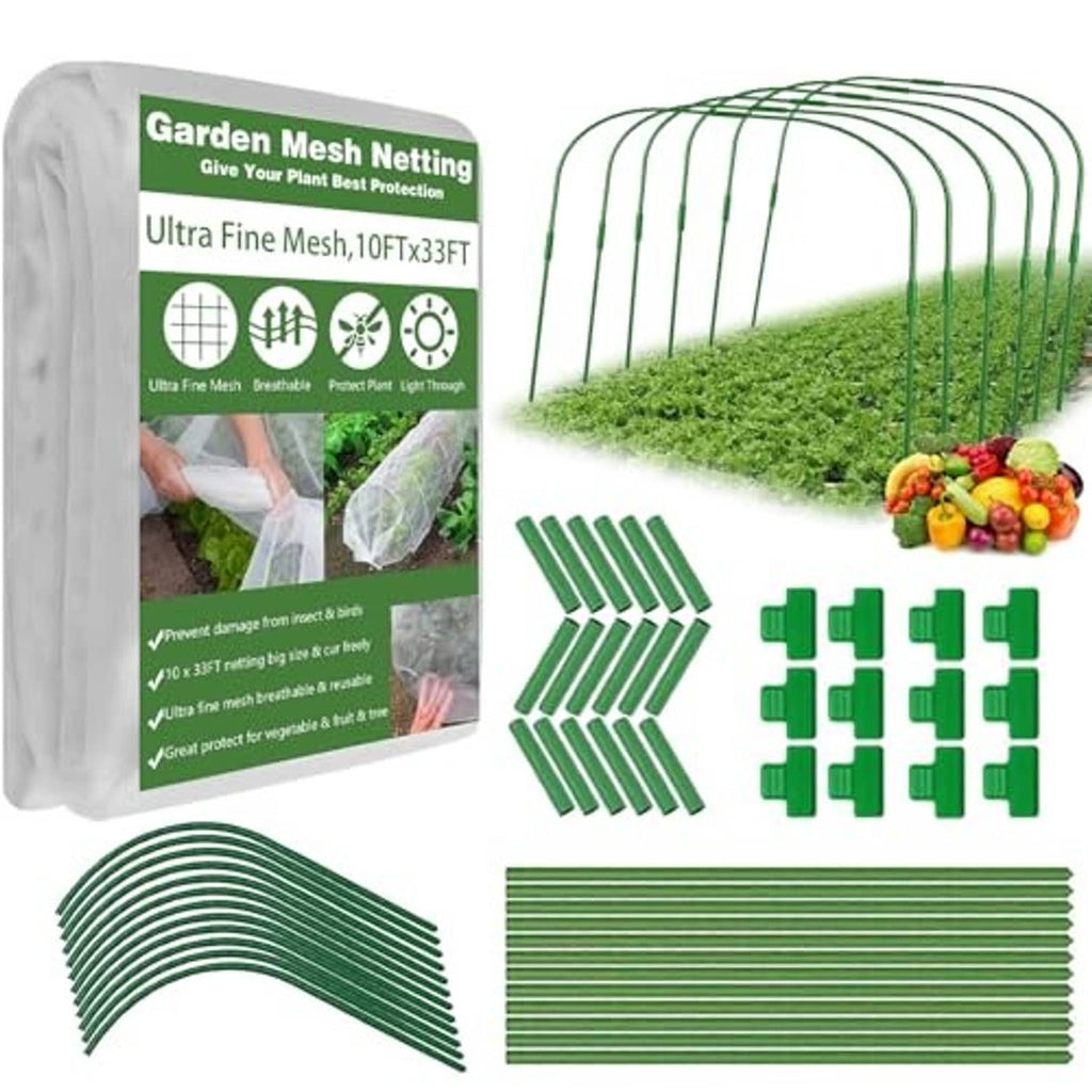 Garden mesh netting kit with curved hoops, straight tube sections, and clips in green