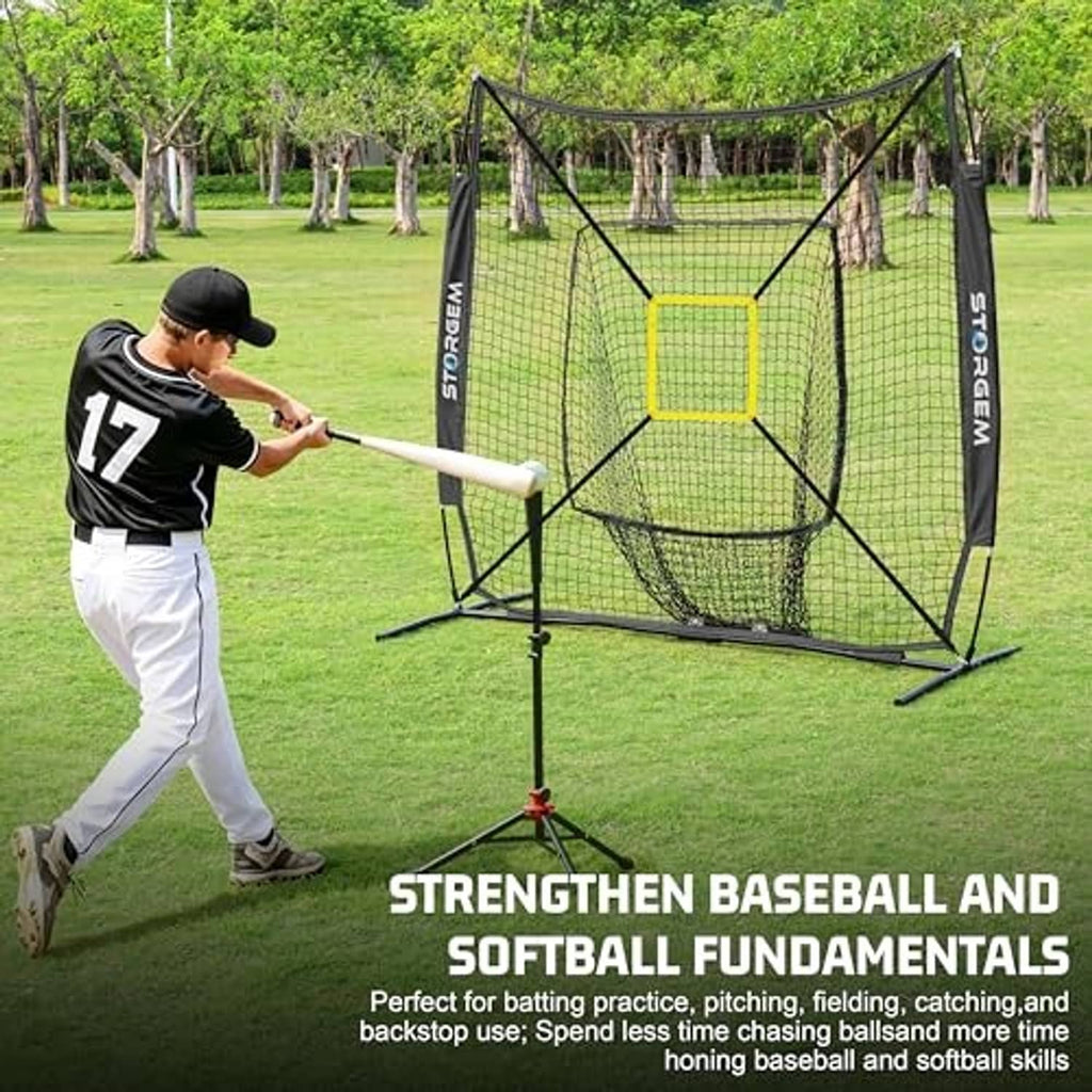 Black practice net with yellow target square on tripod stand, batter practicing outdoors