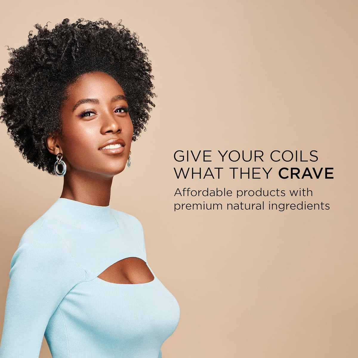 Hair oil promotional graphic featuring woman with short curly hair