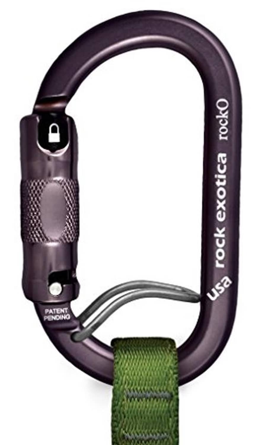 Heavy duty locking carabiner with green webbing loop and oval gate, dark purple finish.