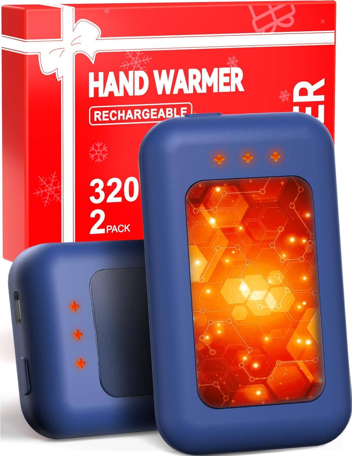 Rechargeable electric hand warmers, navy blue bodies, glowing heating windows, 2-pack.