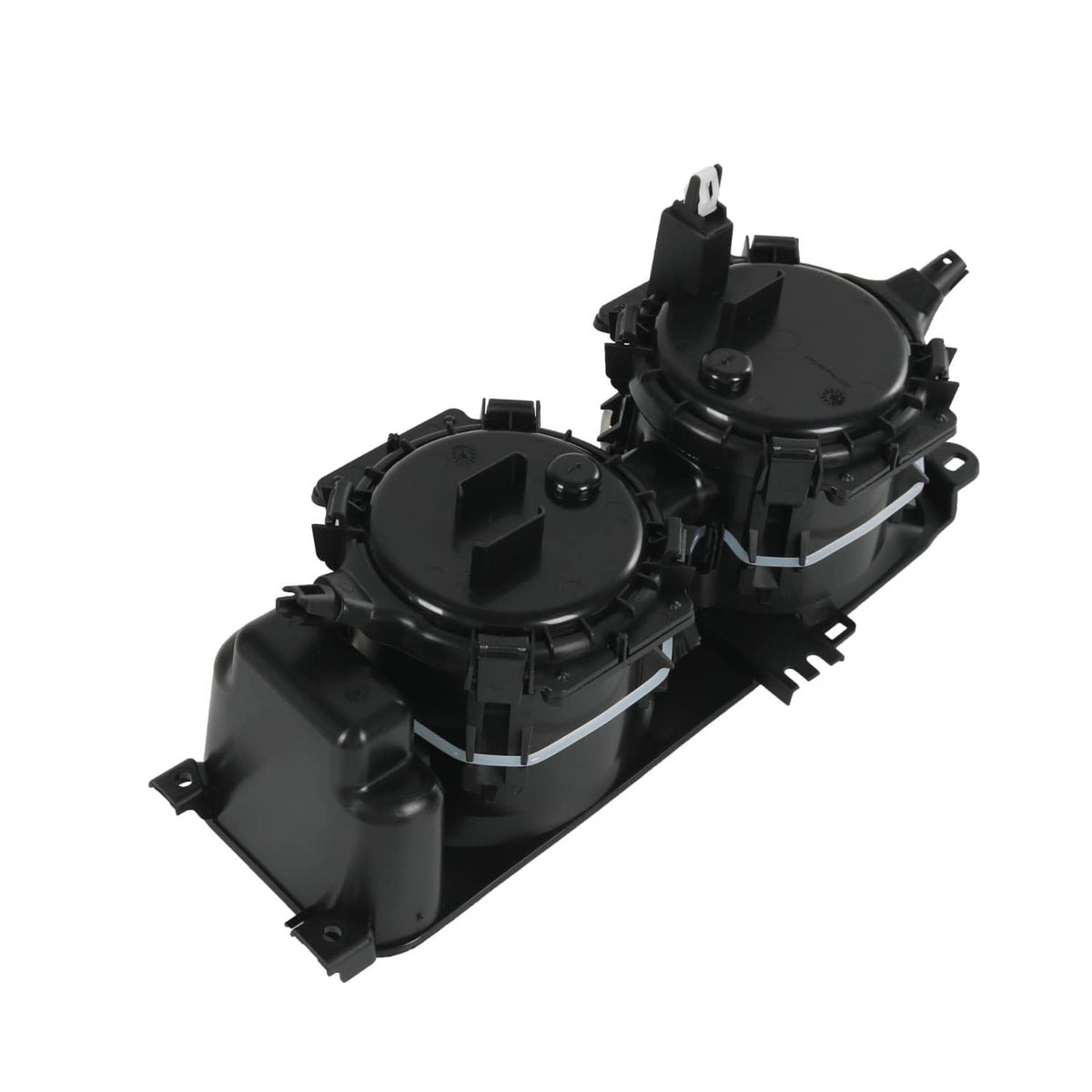 Black dual cup holder insert angled view with two round covers and attachment points