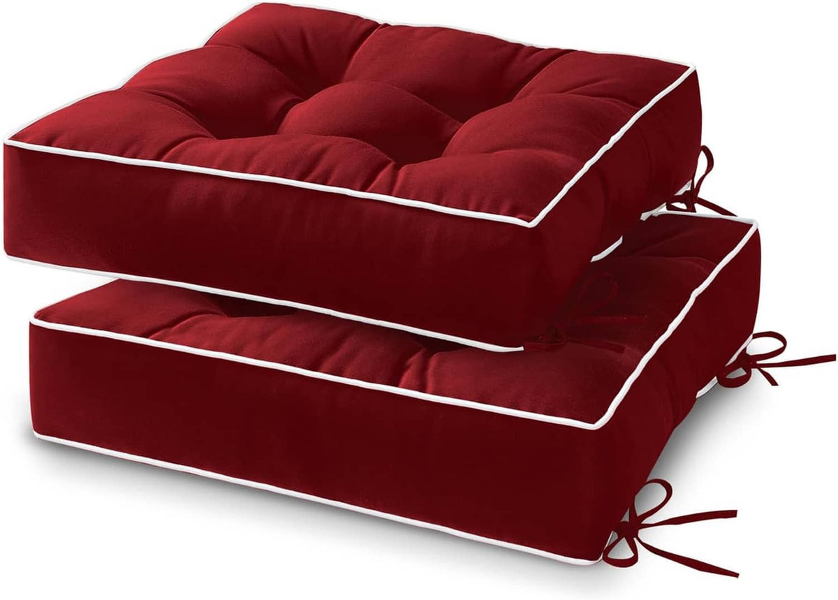 Deep red outdoor chair cushions set of 2 with white piping and attached tie strings