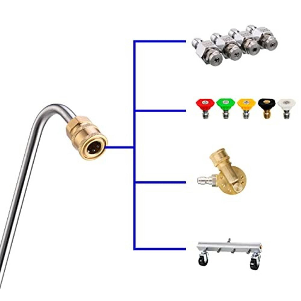 Angled wand with brass connector and set of colored quick-connect nozzle tips