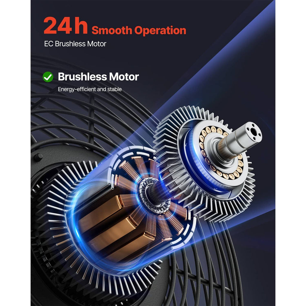 Wall exhaust fan motor graphic with 24h smooth operation and brushless motor