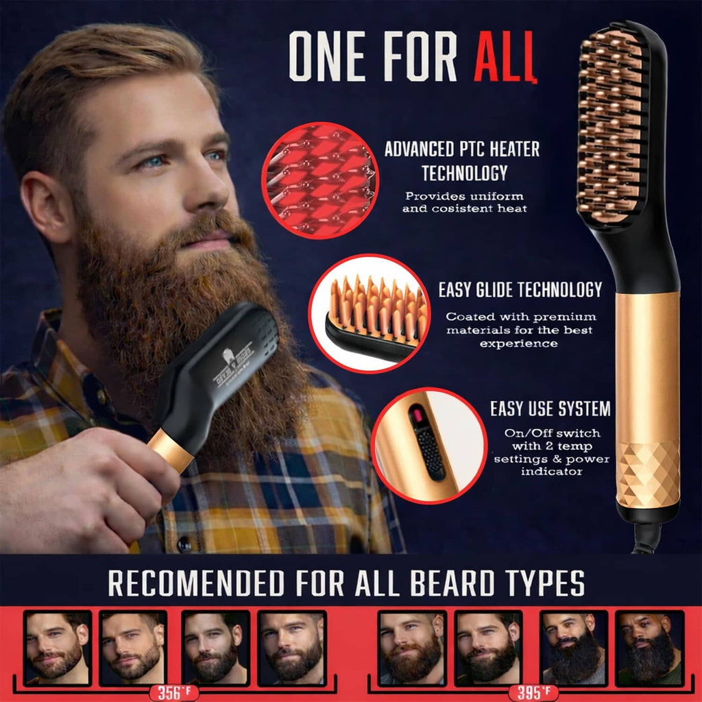 Electric beard straightener brush with gold barrel and black bristle head